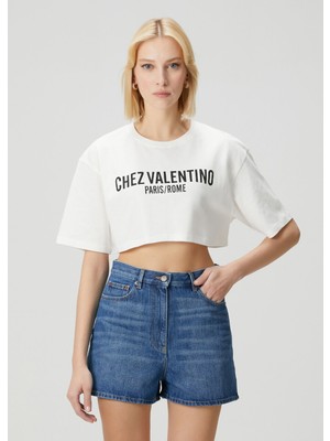 Chez Valentino Beyaz Crop T-Shirt