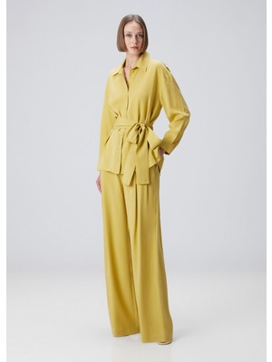  collection yağ yeşili dökümlü wide leg pantolon