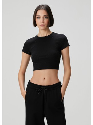Academia Siyah Hotfix Detaylı Crop T-Shirt