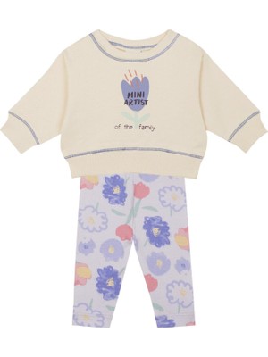 Antebies Çiçek Basklı Sweatshirt & Tayt Kız Bebek 2'li Set