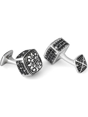 Boga Engraved Cap Dia Zircon Siyah Gümüş Kol Düğmesi