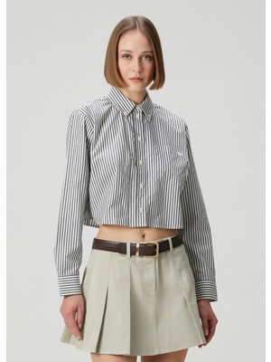 Michael Michael Kors Siyah Beyaz Çizgili Crop Poplin Oxford Gömlek