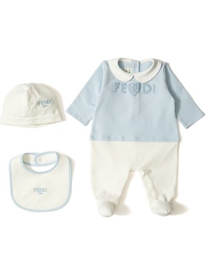 Fendi Mavi Logo Detaylı 3lü Unisex Bebek Tulum Seti