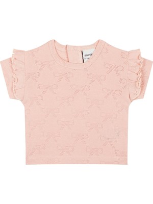 Antebies Pembe Kurdele Jakar Kısa Kollu Fırfırlı Kız Bebek Tshirt