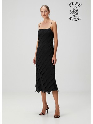  collection siyah ışlemeli midi ıpek kokteyl elbise