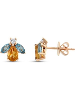 Bee Goddess Queen Bee Tekli Sitrin Pırlanta Kadın Altın Küpe