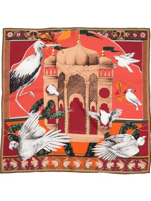 Lumoths Miniatüre Palace Kuşlar ve Köşk Desenli Ipek Twill Kadın Şal