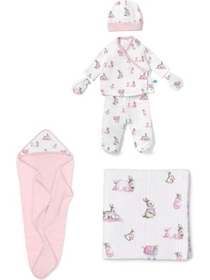 Deux Lapins %100 Pamuk Bebe Lapin Rose Yenidoğan Hastane Çıkışı Seti