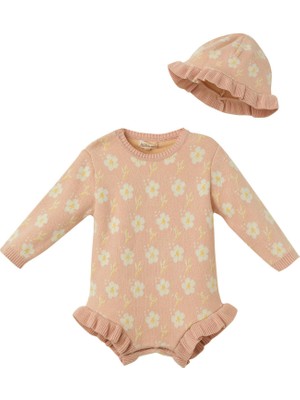 Patique Kids Pembe Organik Pamuk Çiçekli Tulum ve Şapka Kız Bebek 2'li Set