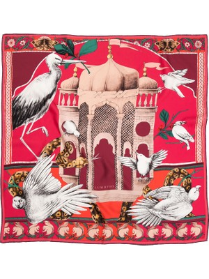 Lumoths Miniature Palace Kuşlar ve Köşk Fuşya Ipek Twill Kadın Fular 53 cm