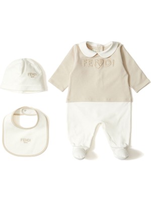 Fendi Bej Logo Detaylı 3lü Unisex Bebek Tulum Seti
