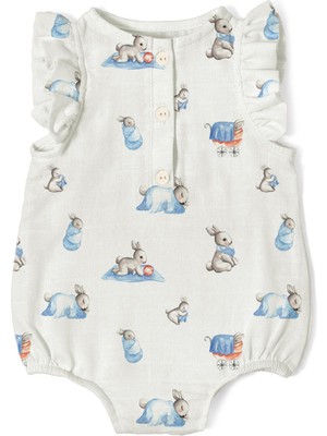 Deux Lapins Lapin Müslin Kız Bebek Fırfırlı Kolsuz Tulum