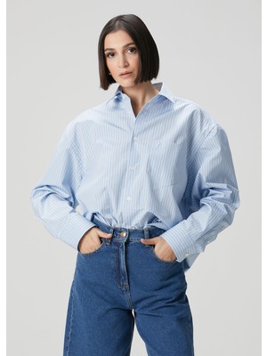 Ami Paris Boxy Fit Mavi Çizgili Poplin Gömlek