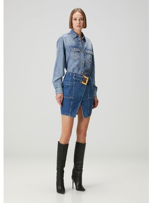 Balmain Mavi Kemerli Mini Denim Etek