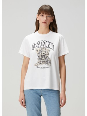 Ganni Beyaz Baskılı T-Shirt