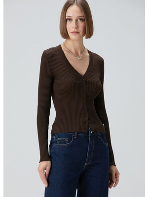  collection kahverengi ribli koton hırka