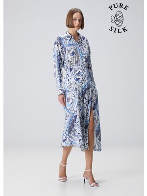 collection lacivert beyaz desenli midi ıpek etek