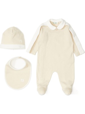 Fendi Bej Logo Detaylı Unisex Bebek Tulum Seti