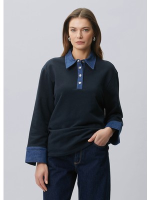  collection lacivert denim garnili polo sweatshirt
