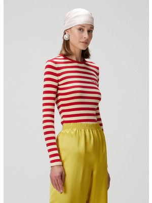 Chez Valentino Kırmızı Çizgili Uzun Kol T-Shirt