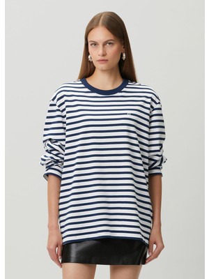 Ami Paris Boxy Fit Lacivert Beyaz Çizgili Uzun Kol T-Shirt