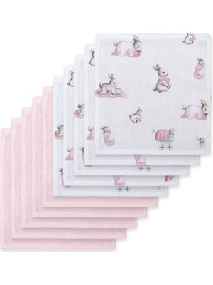Deux Lapins %100 Pamuk Bebe Lapin Rose & Innocent Pink 10`lu Müslin Bebek Ağız Bezi Paketi