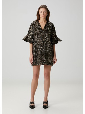 Ganni Bronz Leopar Desenli Mini Elbise