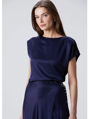  collection lacivert dantelli yün karışımlı bluz