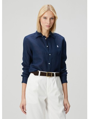 Polo Ralph Lauren Mavi Logo Nakışlı Keten Gömlek