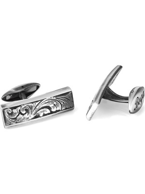 Boga Engraved Fancy Floral Gümüş Kol Düğmesi