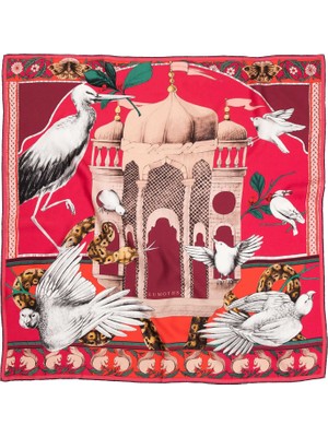 Lumoths Miniature Palace Kuşlar ve Köşk Ipek Twill Kadın Eşarp