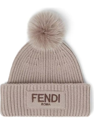 Fendi Bej Ponponlu Kadın Yün Bere