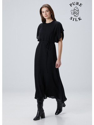  collection siyah beli bağlamalı midi ıpek elbise