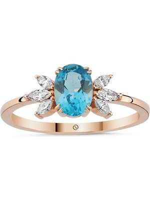 Safir Mücevher Hazine Blue Topaz Pırlanta 14 Ayar Rose Gold Kadın Altın Yüzük