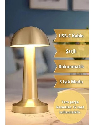 Maison Luré Altın Renkli Şarjlı Dokunmatik Masa ve Gece Lambası, Dimmerli ve Enerji Tas