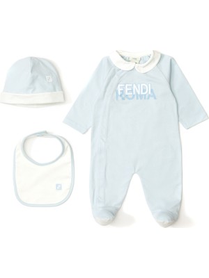 Fendi Mavi 3lü Logo Detaylı Unisex Bebek Tulum Seti