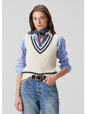 Lauren Ralph Lauren Krem Lacivert Örgü Dokulu Süveter