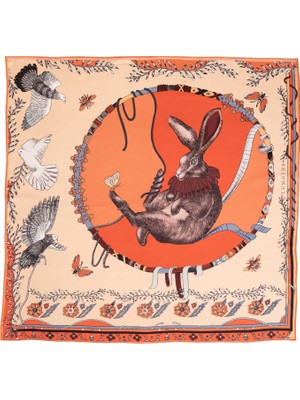 Lumoths Healer Time Tavşan & Güvercinler Ekru Ipek Twill Kadın Fular 53 cm