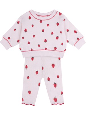 Antebies Çilek Desenli Pembe Sweatshirt Pantolon Kız Bebek 2'li Set