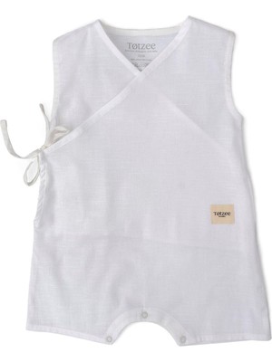 Totzee Kar Beyazı Keten Kruvaze Kolsuz Unisex Bebek Tulum