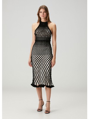 Givenchy Siyah File Dokulu Midi Elbise