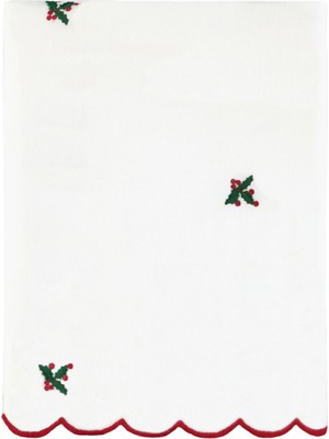 Mariaida Home Christmas Holly Beyaz Keten Nakışlı Masa Örtüsü 150 x 250 cm