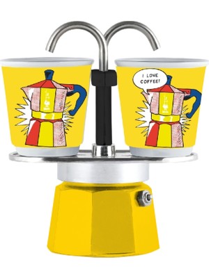 Bialetti Mini Express Sarı Mokapot Lictenstein ve 2 Espresso Fincanı