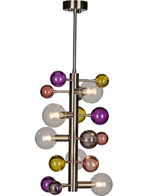 Bubble Metal Mat Krom Multicolor-Şeffaf Cam Detaylı Sarkıt Avize