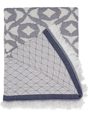 22 Maggio Istanbul Positano Gri Lacivert Jakarlı Pamuk Throw Koltuk Örtüsü 140X195 cm