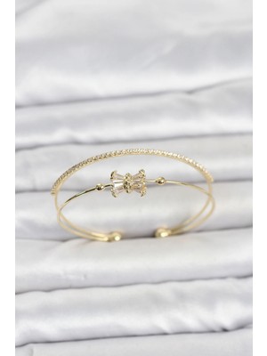 Nacario Mey Ithalat® Pirinç Gold Renk Baget Zirkon Taşlı Objeli Kadın Bileklik