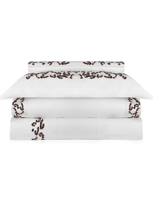 Rumija Home Luxury Leopar Nakıșlı Beyaz Pamuk Saten Çift Kişilik Nevresim Takımı 200 x 220 cm