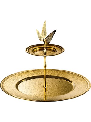 Es Collection Etagere Yaprak Detaylı Gold Çelik 2 Katlı Sunumluk