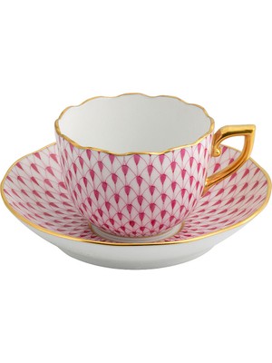 Herend Fish Scale Pembe Porselen Kahve Fincanı ve Tabağı