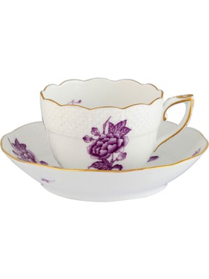 Herend Victoria Papillons Et Fleurs Desenli Mor Porselen Kahve Fincanı ve Tabağı